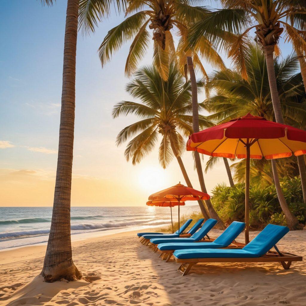 A stylish beach scene featuring a diverse group of people showcasing trendy beachwear and resort fashion. Include vibrant beach umbrellas, colorful towels, and palm trees swaying in the breeze. The sun is setting, casting a warm glow over the sandy shore, while waves crash gently in the background. Illustrate a sense of relaxation and sophistication. digital painting. vibrant colors.
